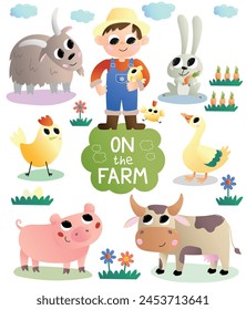 Set of Happy child and farm animals. Adorable boy character with pig, duck, cow, chicken, bunny and goat. Agriculture and farming. Cartoon flat vector illustrations isolated on white background