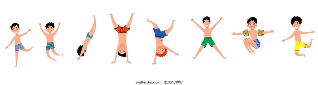 a set of happy children. Boys in bathing suits.