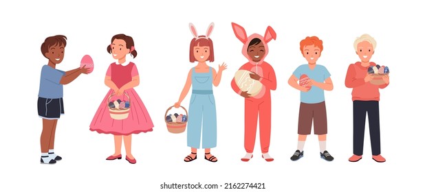 Conjunto de niños felices celebrando la caza de huevos en Pascua. Fiesta tradicional de santo primaveral, vestimenta de conejo conejo, cesta llena de huevos decorados caricatura ilustración vectorial