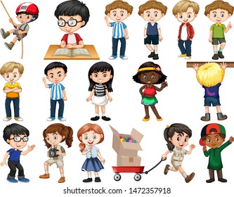 Set of happy children doing different actions illustration