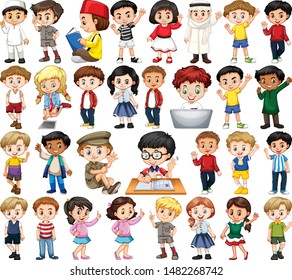 Conjunto de niños felices haciendo diferentes acciones ilustrativas