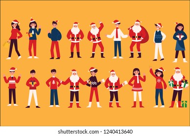 Conjunto de niños felices vestidos con disfraces de Navidad. Elf, hombre de nieve, Santa Claus, árbol de Navidad, copo de nieve. Ilustración del vector