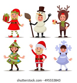 Set of happy children dressed in Christmas costumes. Elf, snowman, reindeer, Santa Claus, Christmas tree, snowflake. Vector illustration