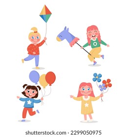 Set of happy children girls with balloons, horse, flowers and kite in flat style