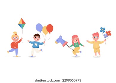 Set of happy children girls and boys with balloons, horse, flowers and kite in flat style