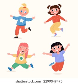 Set of happy children girls standing in different poses, jumping in flat style