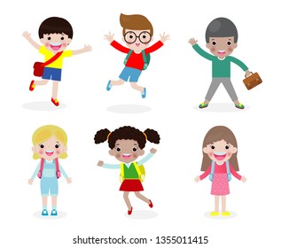 set of happy children go to school, back to school,education concept, school kids, isolated on white background