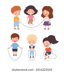 Set of happy children jumping rope flat style, vector illustration isolated on white background. Decorative design element, cute active little girls and boys, sport and leisure