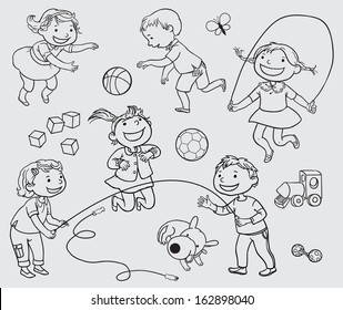 Set of Happy Children Playing. Black outline. Back to School isolated objects on white background. Great illustration for a school books, magazines, advertising  and more. VECTOR.