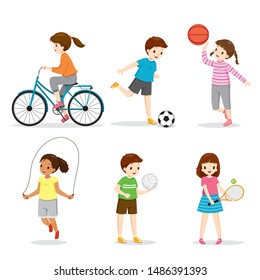 Set Of Happy Children Playing And Exercising Sport For Good Health, Healthy, Exercise, Sport, Activity, Body, Vacations, Holiday