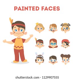 Set of happy children portraits with painted faces. American indian costume for boys and animal masks for halloween party such as dog, panda, rabbit. Isolated vector illustration in cartoon style