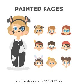 Set of happy children portraits with painted faces. Dog costume for girls and facial masks for halloween party such as clown, panda, rabbit. Isolated vector illustration in cartoon style