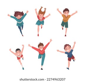 Set of happy children running with their arms outstretched. Freedom, carelessness, joy cartoon vector illustration