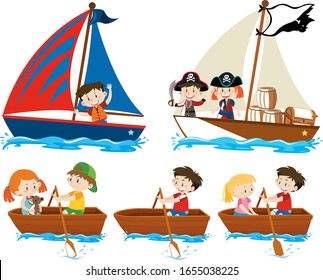 Set of happy children sailing boats on white background illustration