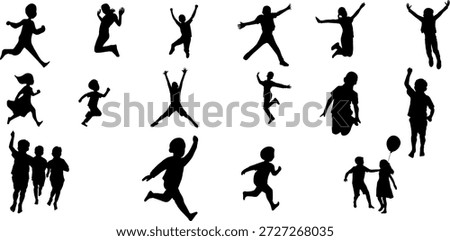 Set of happy children silhouettes playing, jumping, and running. Vector illustration of active kids isolated on background