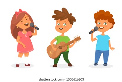 Set Happy Children Singing Playing Guitar Stock Vector (Royalty Free ...