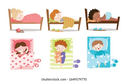 Set of happy children sleeping in beds vector illustration