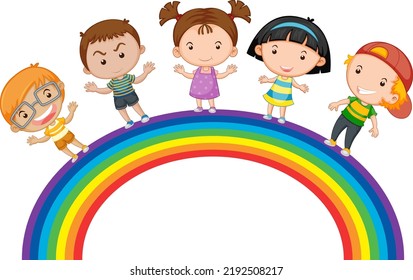 Set of happy children standing on rainbow illustration