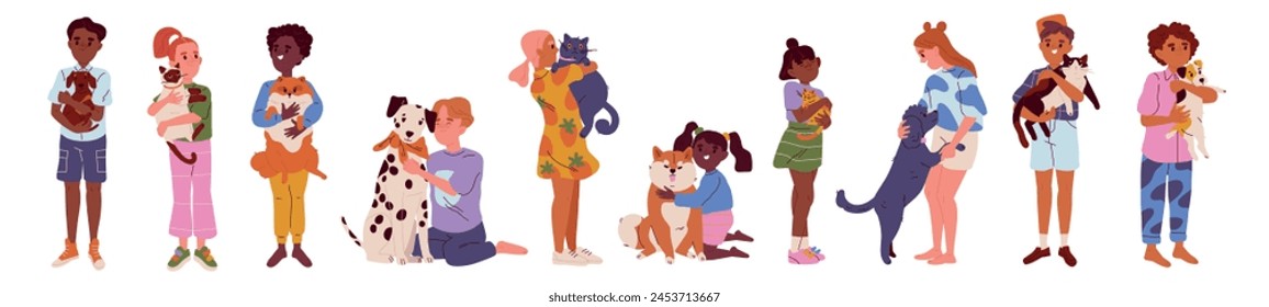 Set of happy children with their pets. Boys and girls hugging their four legged friends. Kids cuddle with dogs and cats. Love to animals. Cartoon flat vector illustration isolated on white background