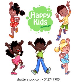 Set of happy children. Very happy cute kids in different summer clothing raised hands up and jumping. Happy childhood. Children's joy. Vector funny cartoon characters on a white background.