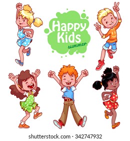 Set of happy children. Very happy cute kids in different summer clothing raised hands up and jumping. Happy childhood. Children's joy. Vector funny cartoon characters on a white background.