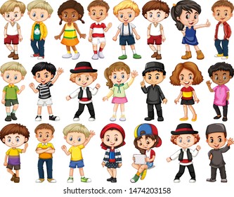 Set of happy children waving hands illustration