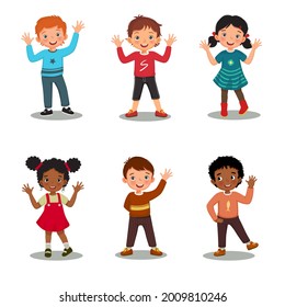 Set of happy children waving hands greeting in different expressions and poses, such as hands on the waist gesture. Vector illustration of group cute little boys and girls standing with smiling faces.