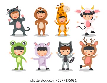 Set of happy children is wearing animal costumes . Cat Sloth bear Giraffe Cow Frog Hippopotamus Raccoon Deer . Flat cartoon characters design . Vector .