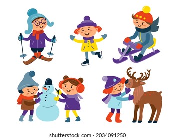 Set of happy children winter activities  with snowman, deer, skis, sled, ice skates. Boys and girls in winter hats, scarf, mittens. Vector flat illustration. Design for greeting card, banner, flyer 