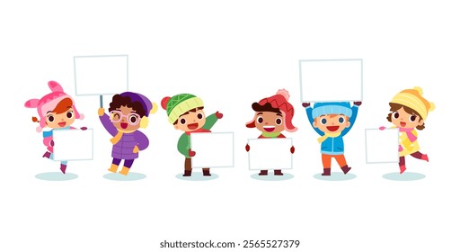 Set of happy children in winter clothes holding blank sign