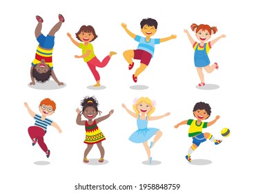 Set of happy childrens cartoon characters of different nationalities smiling and performing different actions. Isolated.Vector illustration, kids, design elements, symbols, logo, mascot, concept