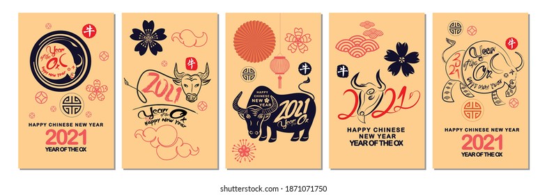Set of Happy Chinese New Year 2021 vertical banners for social media stories wallpaper. Symbol 2021 Eastern New Year (Chinese translation Happy Chinese New Year, Year of Ox)
