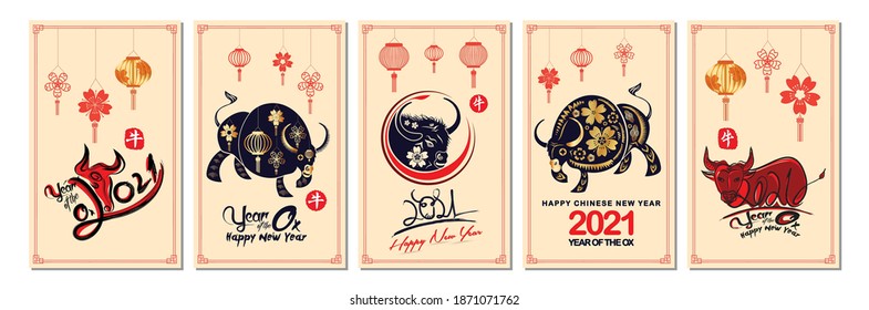 Set of Happy Chinese New Year 2021 vertical banners for social media stories wallpaper. Symbol 2021 Eastern New Year (Chinese translation Happy Chinese New Year, Year of Ox)