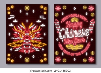 Set of Happy Chinese New Year neon greetings card, flyers, poster in retro style with dragon. Vector illustration. For banners, cards, posters with Dragon sign 2024 Chinese New Year