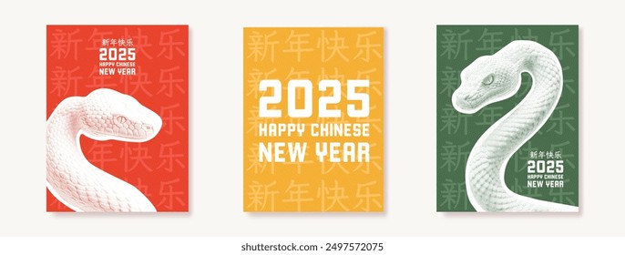 Set of Happy Chinese New Year 2025 card design. Year of the Snake. Vector banner with trendy halftone elements. Vintage design for for postcard, poster, invitation. Chinese Translation: Happy New Year