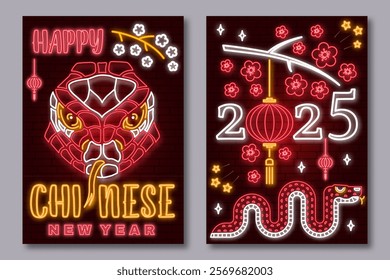 Set of Happy Chinese New Year neon greetings card, flyers, poster in retro style with snake. Vector illustration. For banners, cards, posters with Snake sign 2025 Chinese New Year