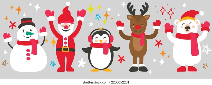 A set of happy christmas characters including Santa and a snowman.