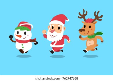 Set of happy christmas companions santa claus with his friend reindeer and snowman
