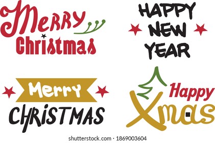 Set of Happy Christmas handwritten lettering with decorative elements. Vector illustration. 