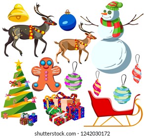 Set for happy Christmas and new year, cartoon icons and illustrations, isolated on white background