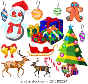 Set for happy Christmas and new year, cartoon icons and illustrations, isolated on white background