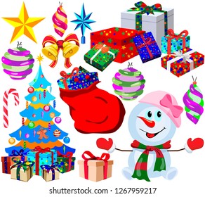 Set for happy Christmas and new year, cartoon icons and illustrations, isolated on white background