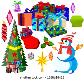 Set for happy Christmas and new year, cartoon icons and illustrations, isolated on white background