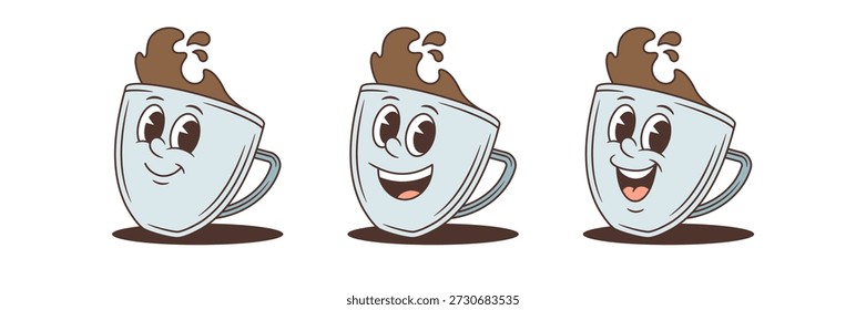 A set of happy coffee cup mascots in a classic vintage cartoon style. A character collection showing various smiling and joyful emotions. An isolated vector illustration, perfect for cafe branding