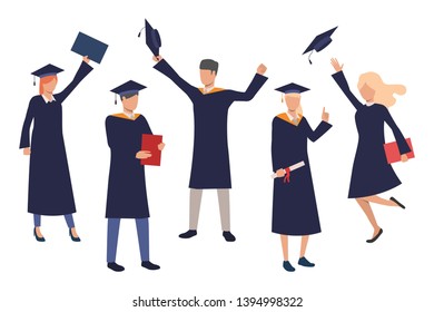 Set of happy college graduates. Flat cartoon characters getting diplomas. Vector illustration can be used for mobile application, leaflet, promo