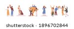 Set of happy competition champions holding golden cups and standing on pedestal. Success of male, female and dog winners awarded with prize. Flat vector illustration isolated on white background