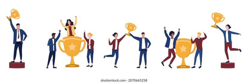 Set of happy competition champions. Male and female winners hold gold trophies in hand. Successful entrepreneurs awarded with prize or cup. Cartoon flat vector collection isolated on white background