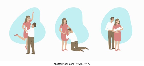 Set of happy couple expecting the birth of a baby. Positive pregnancy test. The man leaned against the belly of the pregnant woman. Family with a newborn in her arms. Flat vector illustrations.