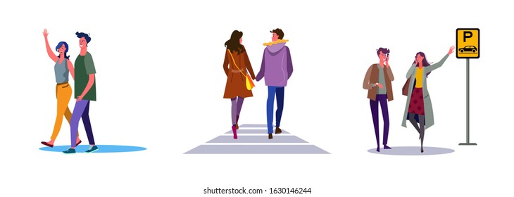 Set of happy couple going out together. Flat vector illustrations of people ordering taxi on street. Dating, stroll, public transport concept for banner, website design or landing web page