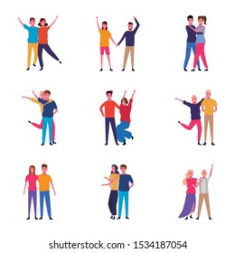 Set of happy couples having fun over white background, colorful design. vector illustration